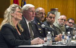 Left to right: MP Shelly Glover, RCMP Commissioner William Elliott, Assistant Commissioner Mike Cabana, Anthony Corda, Ralph Palumbo and Jim Murphy as the RCMP announced a grow-op blacklist website on Wednesday. (Photo by Bruno Schlumberger)